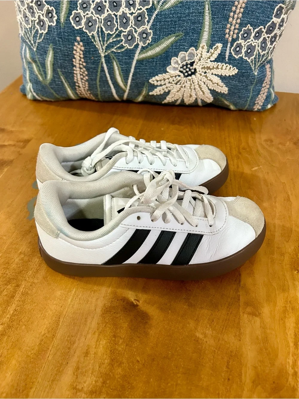 adidas Kids White Sneakers with Black Stripes and Brown Outsole
